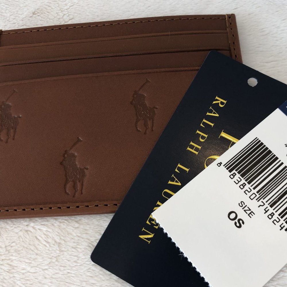 Polo Ralph Lauren CAMEL TAN BROWN Leather ALL OVER PONY Card Holder Wallet
